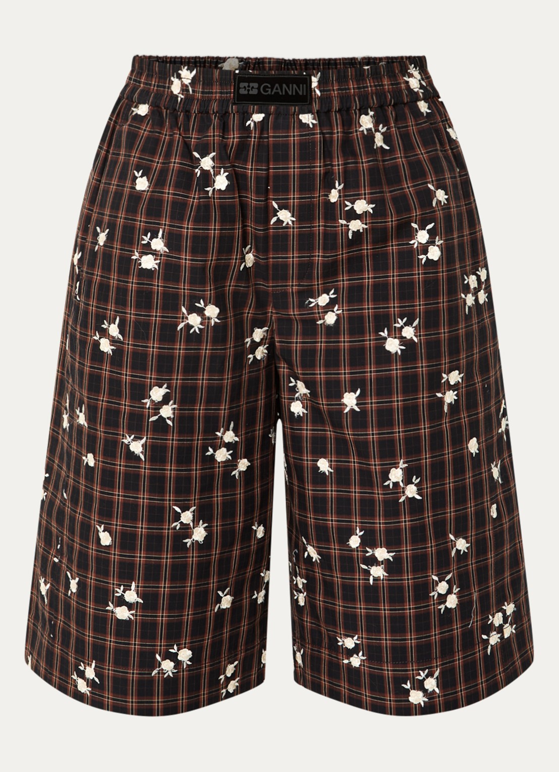 Ganni High waist wide fit korte broek met bloemborduring - voorkant bruin