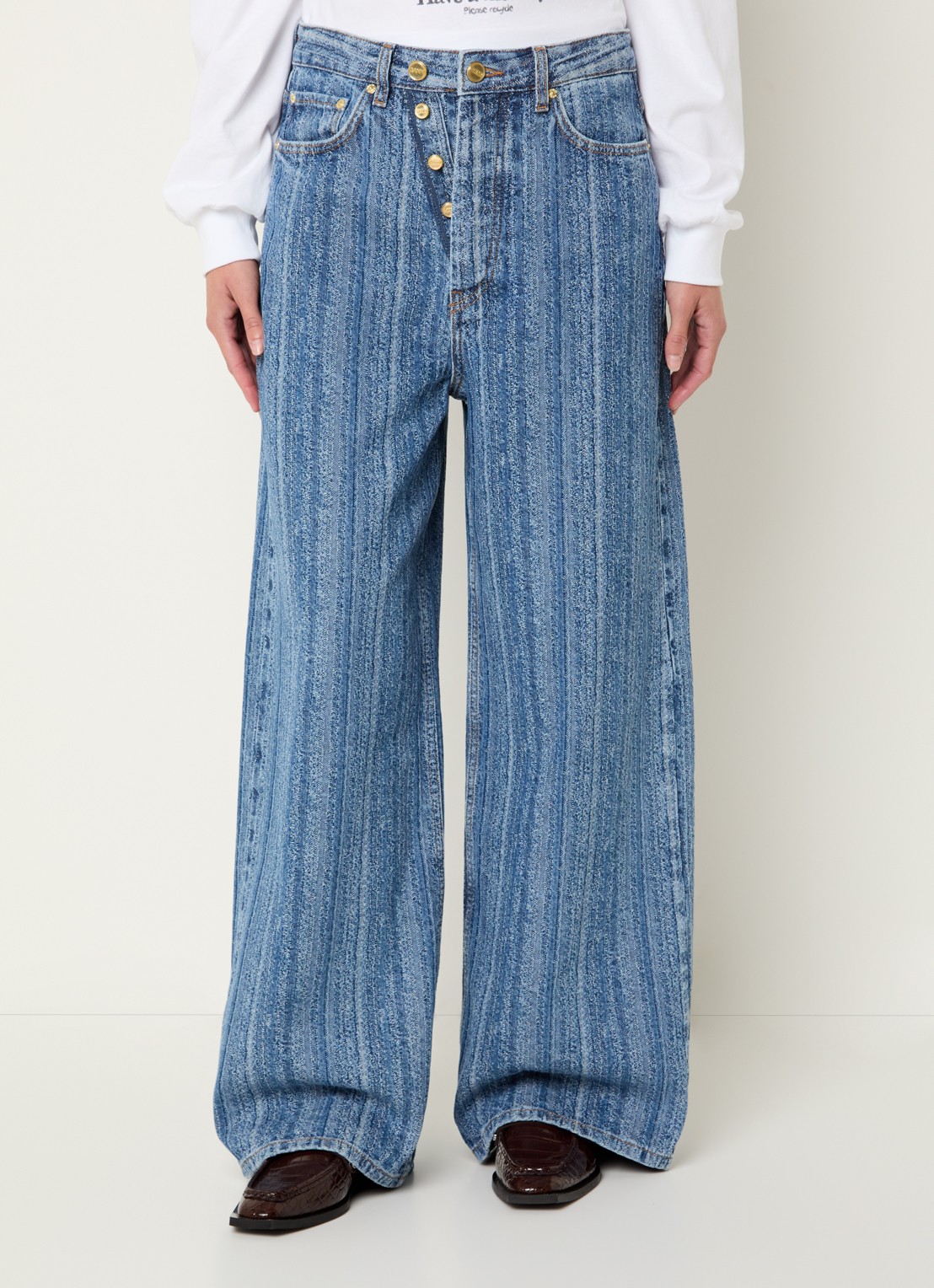 Ganni High waist wide leg jeans met streepprint - detail 4 indigo