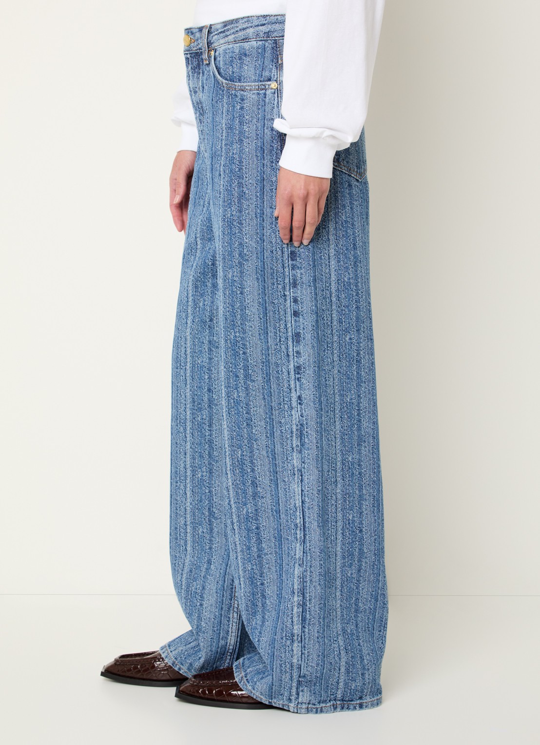 Ganni High waist wide leg jeans met streepprint - detail 5 indigo