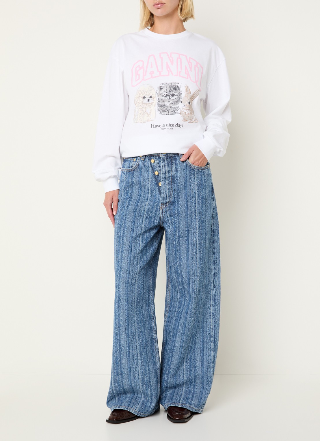 Ganni High waist wide leg jeans met streepprint - voorkant 3 indigo