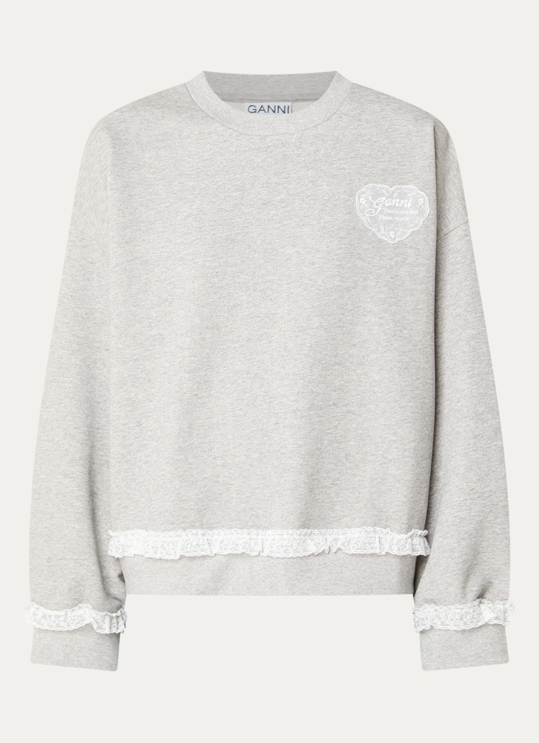 Ganni Isoli sweater met logo en details van kant - voorkant grijsmele