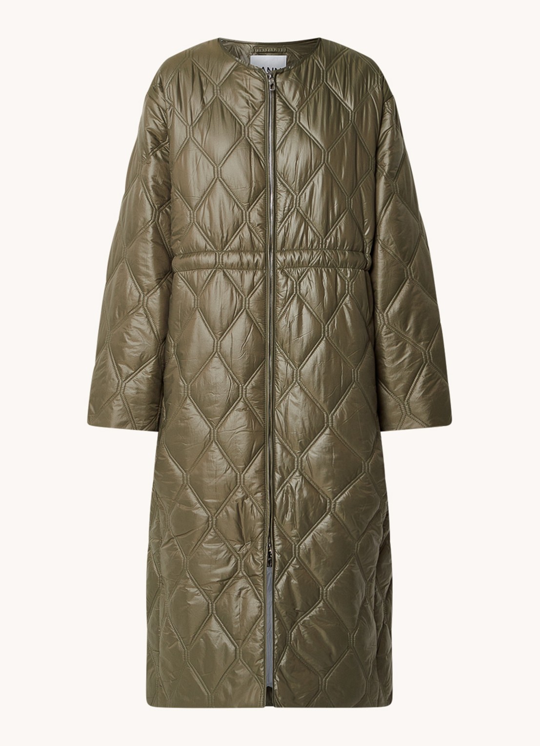 Ganni Longline puffer jack met trekkoord - voorkant 3 bronsgroen