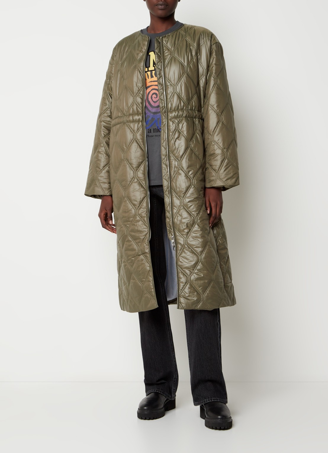 Ganni Longline puffer jack met trekkoord - voorkant 4 bronsgroen