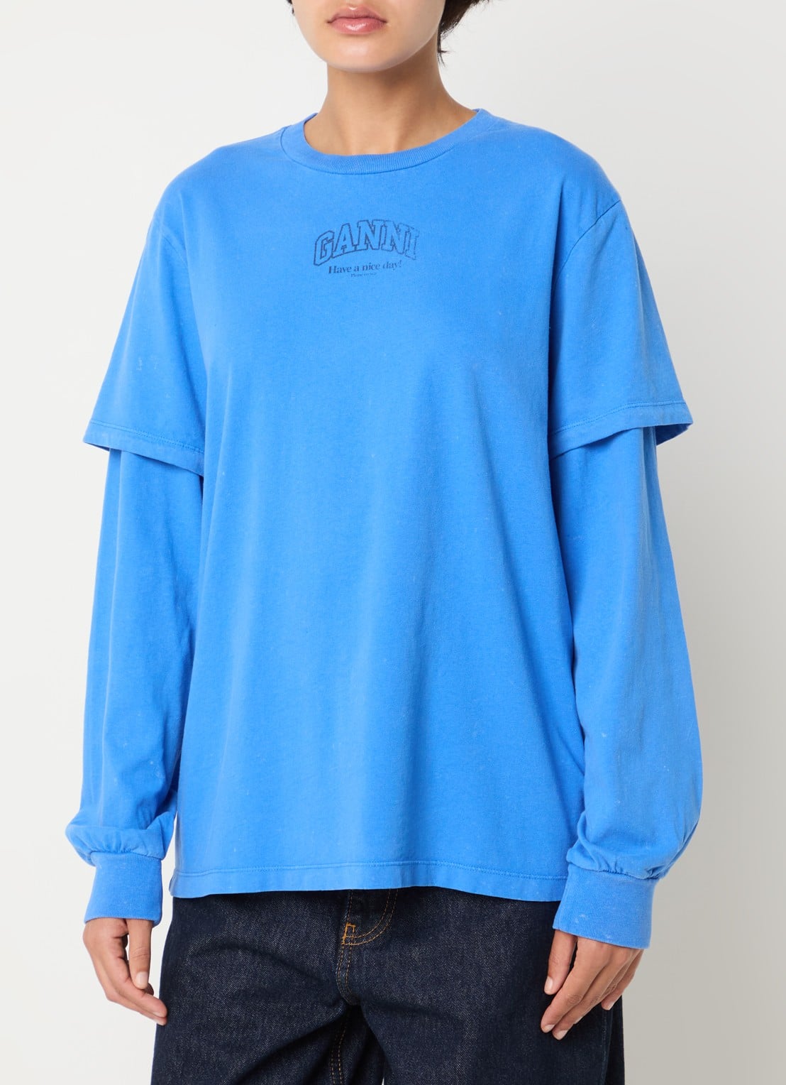 Ganni Longsleeve met logoprint en verwassen afwerking - detail blauw