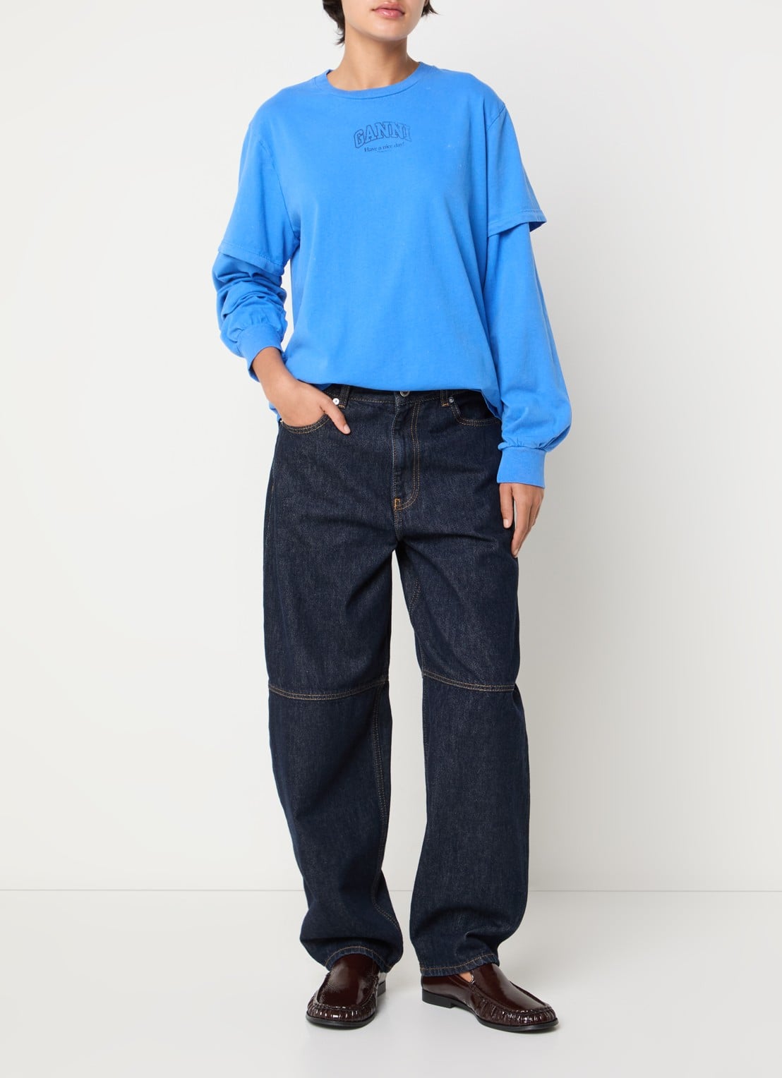 Ganni Longsleeve met logoprint en verwassen afwerking - voorkant 3 blauw