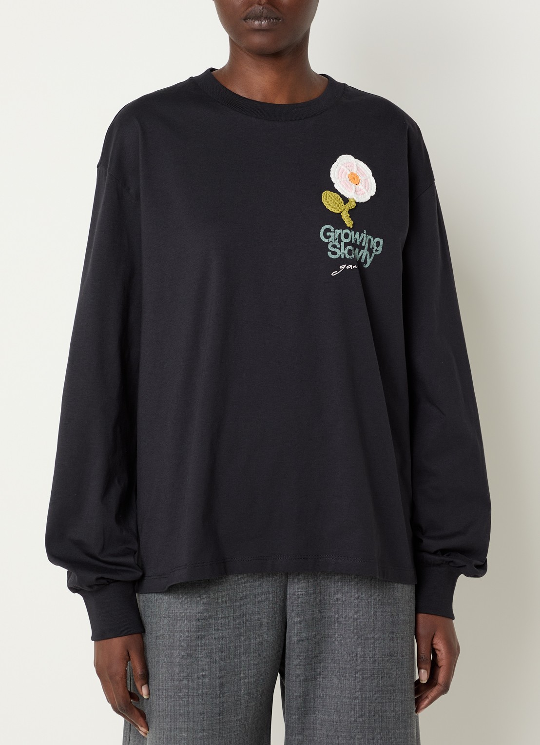 Ganni Longsleeve met logoprint - detail zwart
