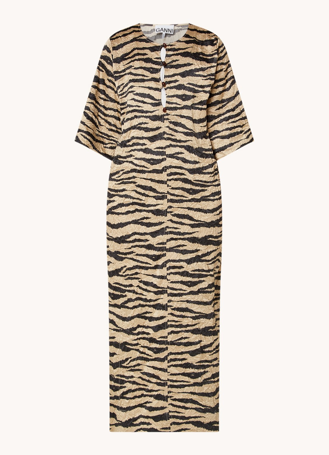 Ganni Maxi blousejurk met tijgerprint en structuur - voorkant 2 donkerbeige