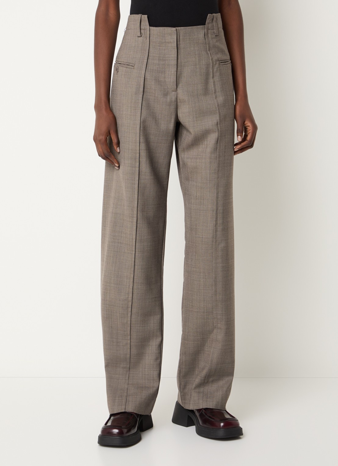Ganni Mid waist straight fit pantalon in wolblend met gemêleerd dessin - detail 4 chocoladebruin
