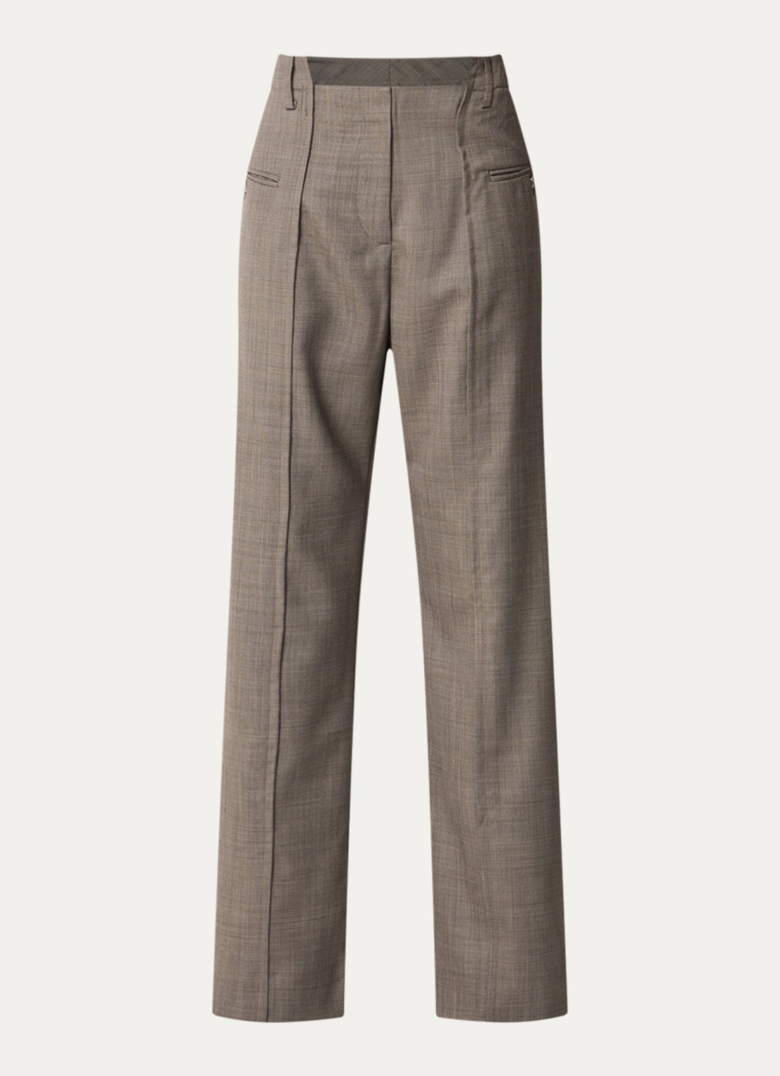 Ganni Mid waist straight fit pantalon in wolblend met gemêleerd dessin - voorkant 2 chocoladebruin