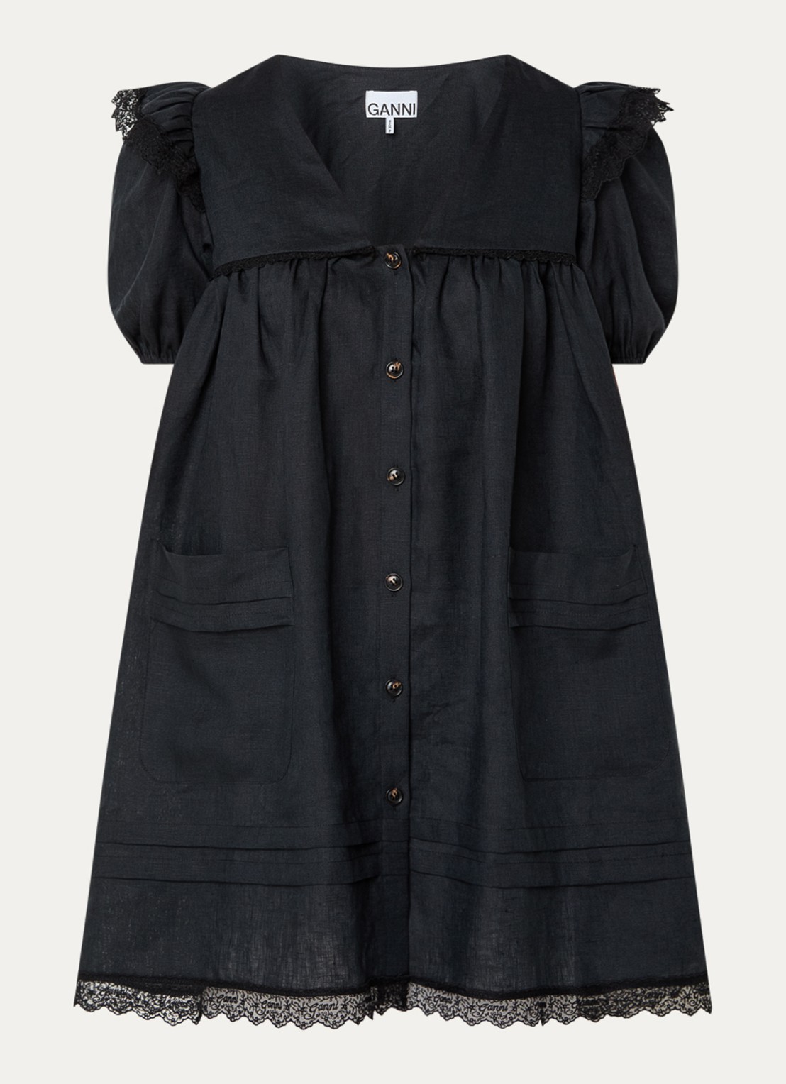 Ganni Mini blousejurk van linnen - voorkant 2 zwart