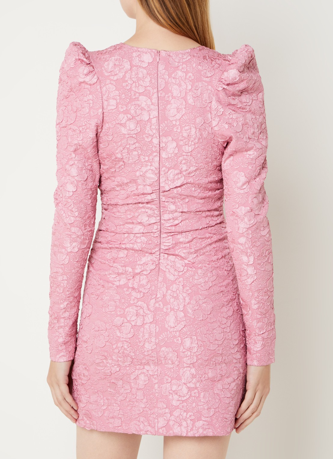 Ganni Mini jurk met structuur en pofmouw - achterkant 5 roze