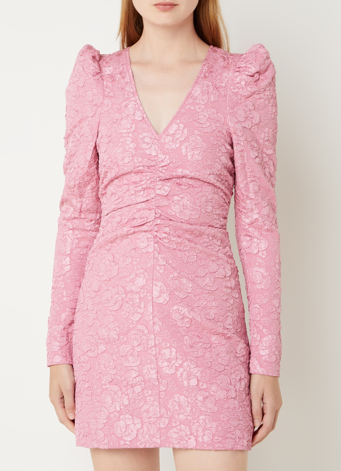 Ganni Mini jurk met structuur en pofmouw - detail roze