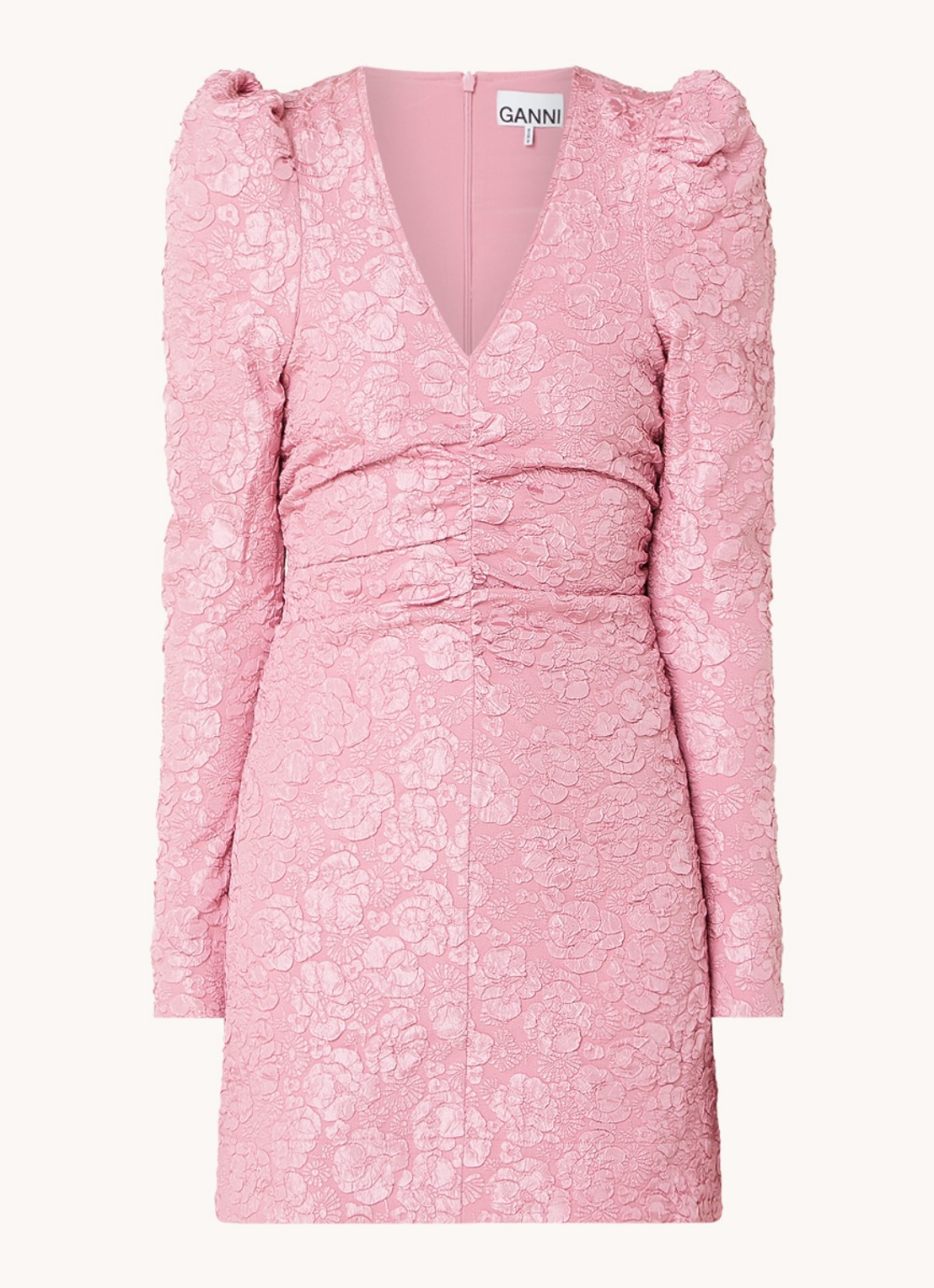 Ganni Mini jurk met structuur en pofmouw - voorkant 3 roze