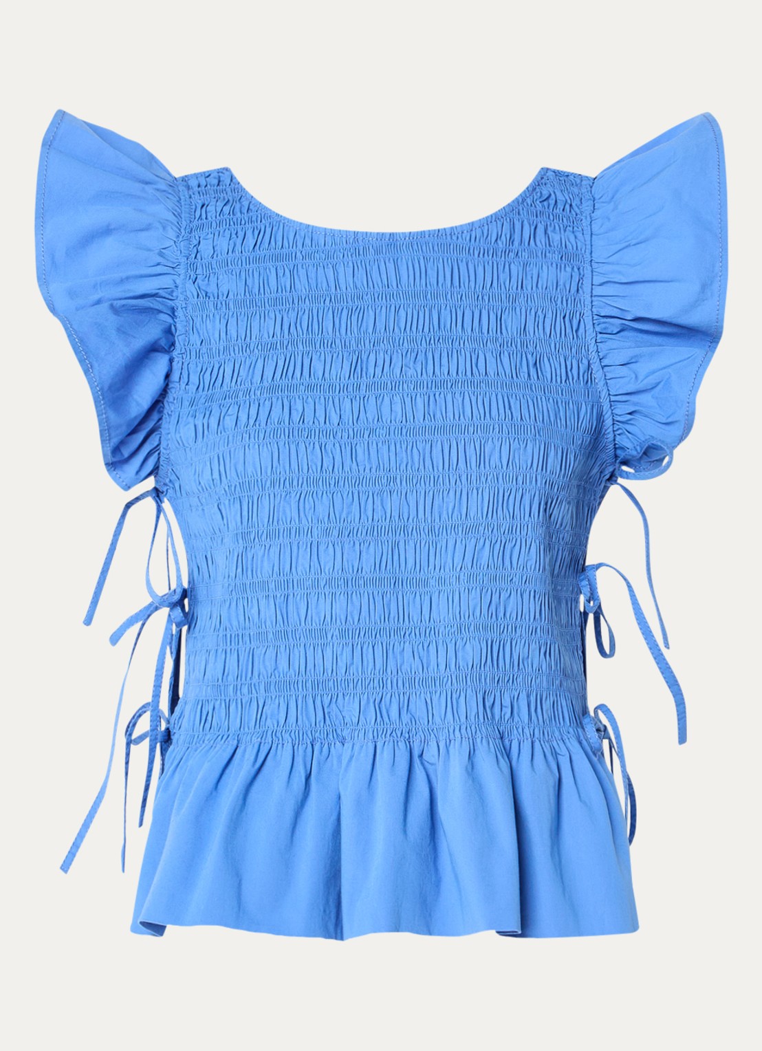 Ganni Mouwloze top met smockwerk en gestrikt detail - voorkant 3 blauw