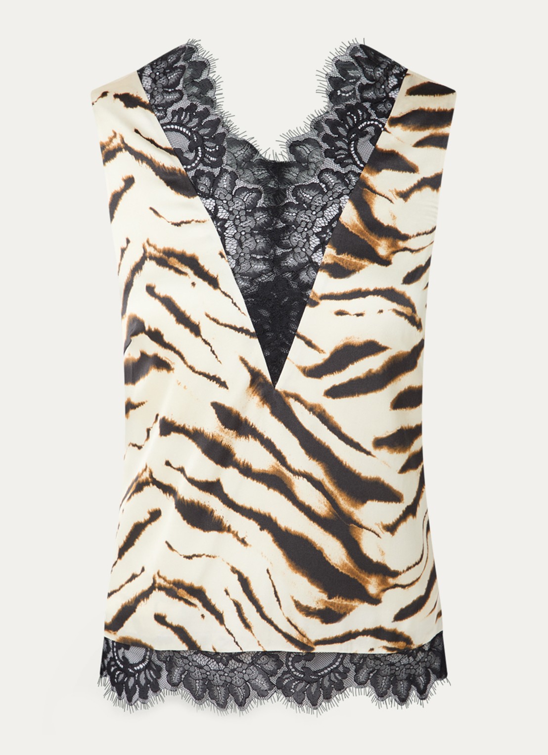 Ganni Mouwloze top van satijn met zebraprint en details van kant - voorkant gebroken wit
