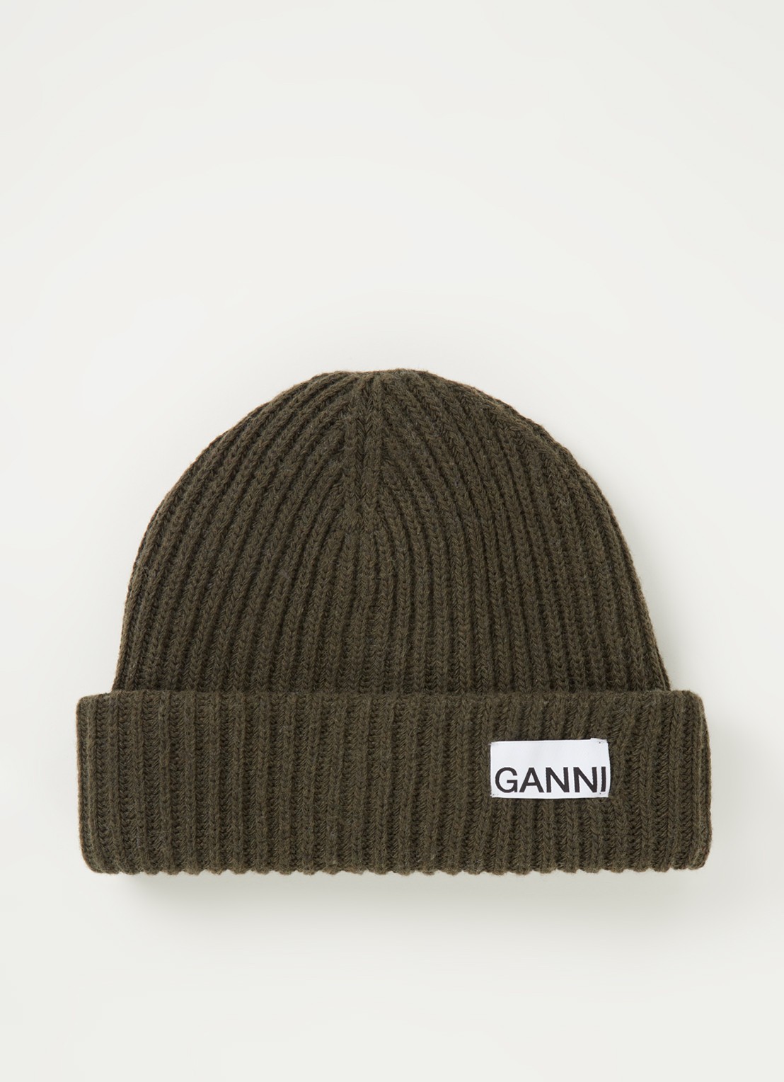 Ganni Muts in wolblend met logo - voorkant donkergroen