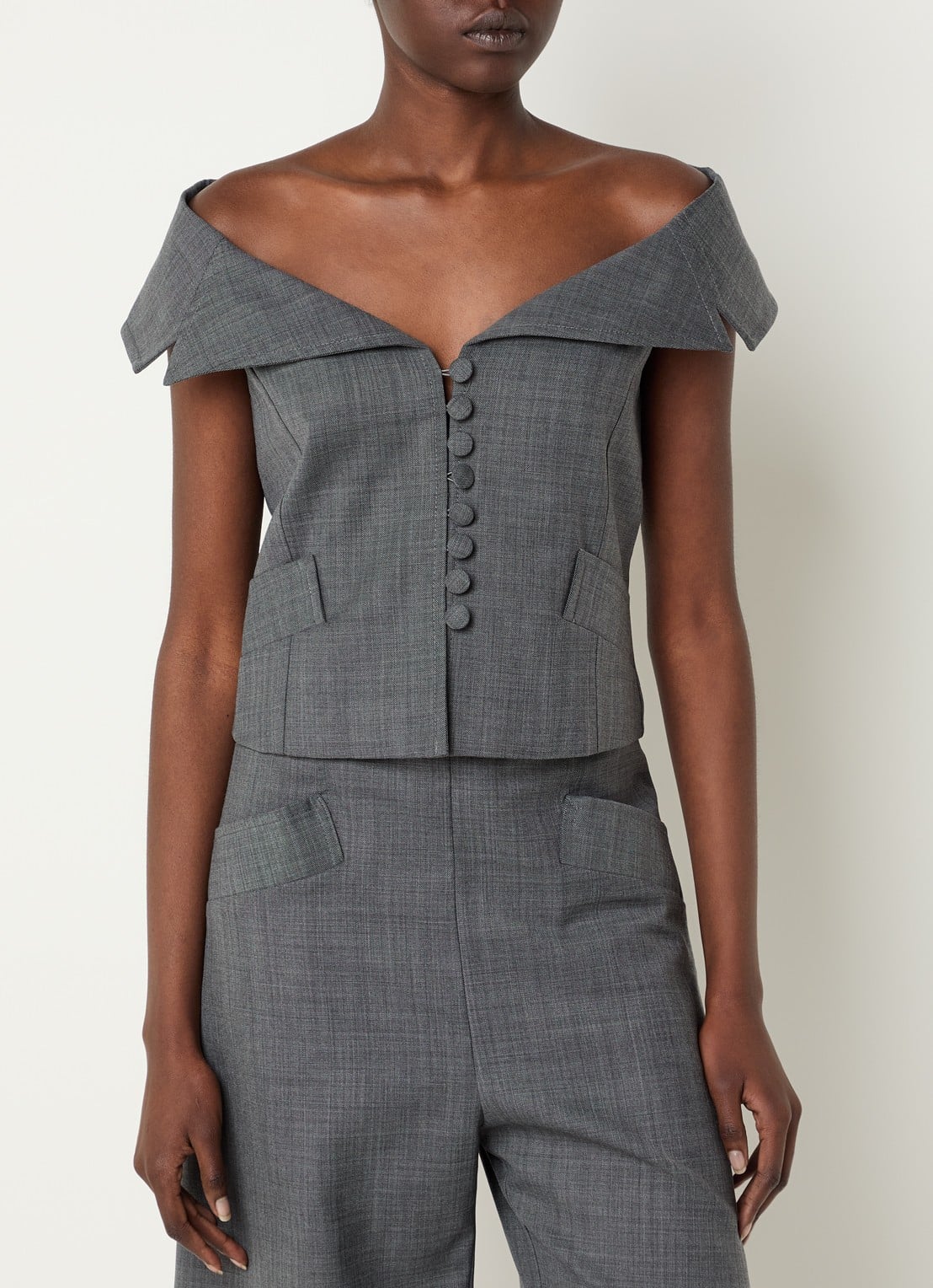 Ganni Off -shoulder top in wolblend - detail 4 antraciet