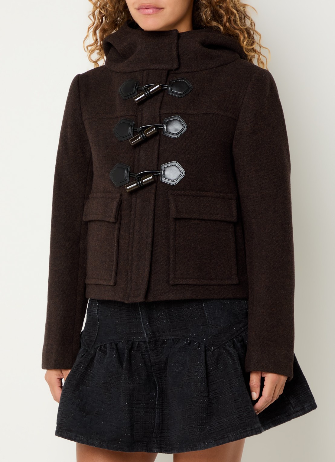 Ganni Peacoat jack in wolblend met capuchon - detail bruin
