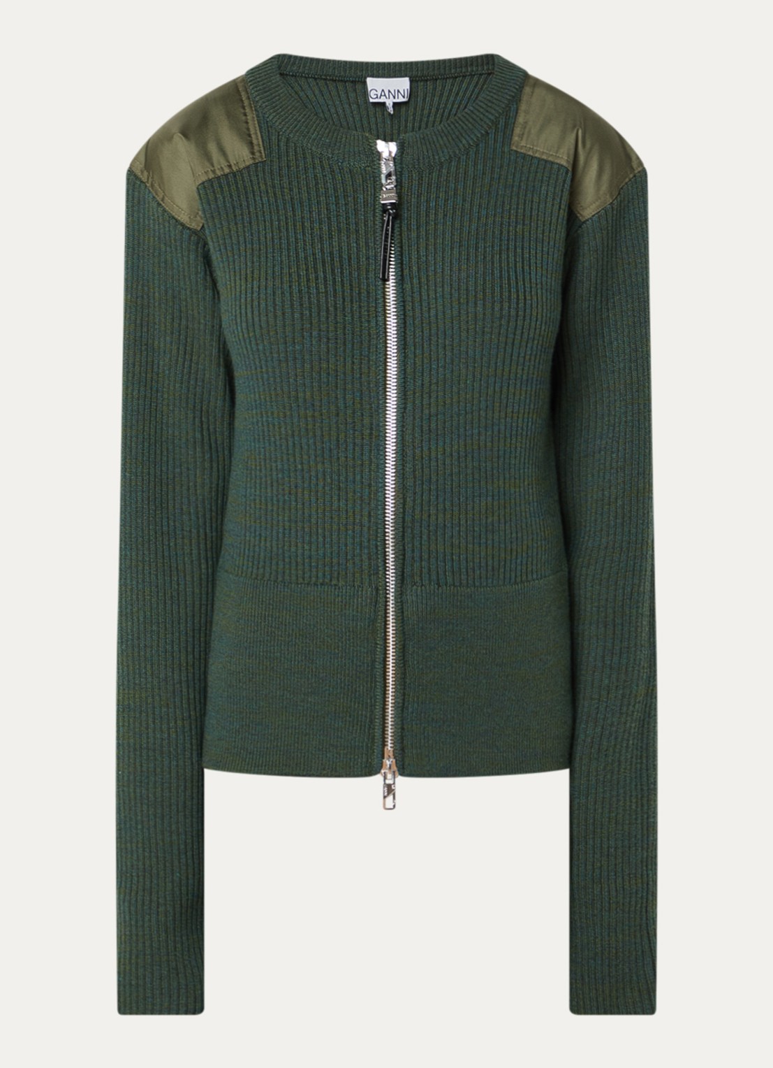 Ganni Ribgebreid vest in merino wolblend - voorkant 2 groen