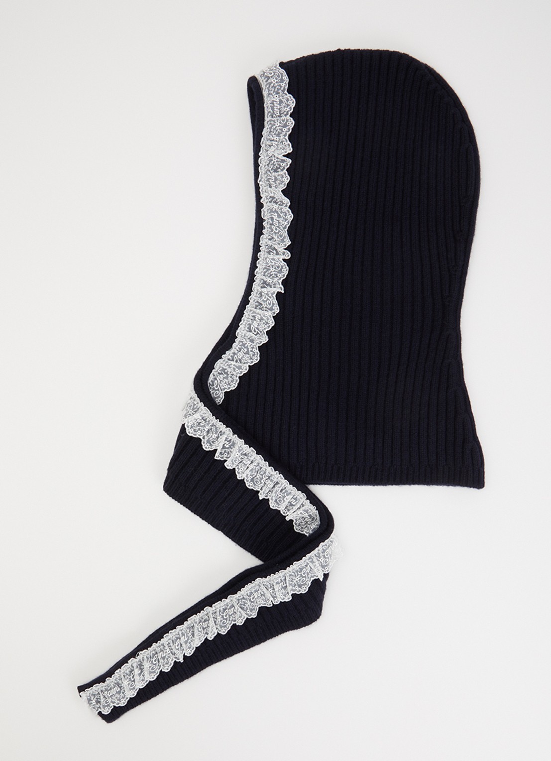 Ganni Ribgebreide balaclava van wol met details van kant - voorkant donkerblauw