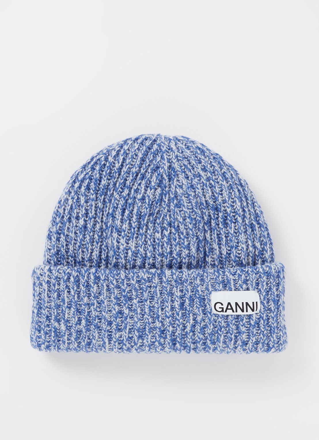 Ganni Ribgebreide muts in wolblend - voorkant blauw