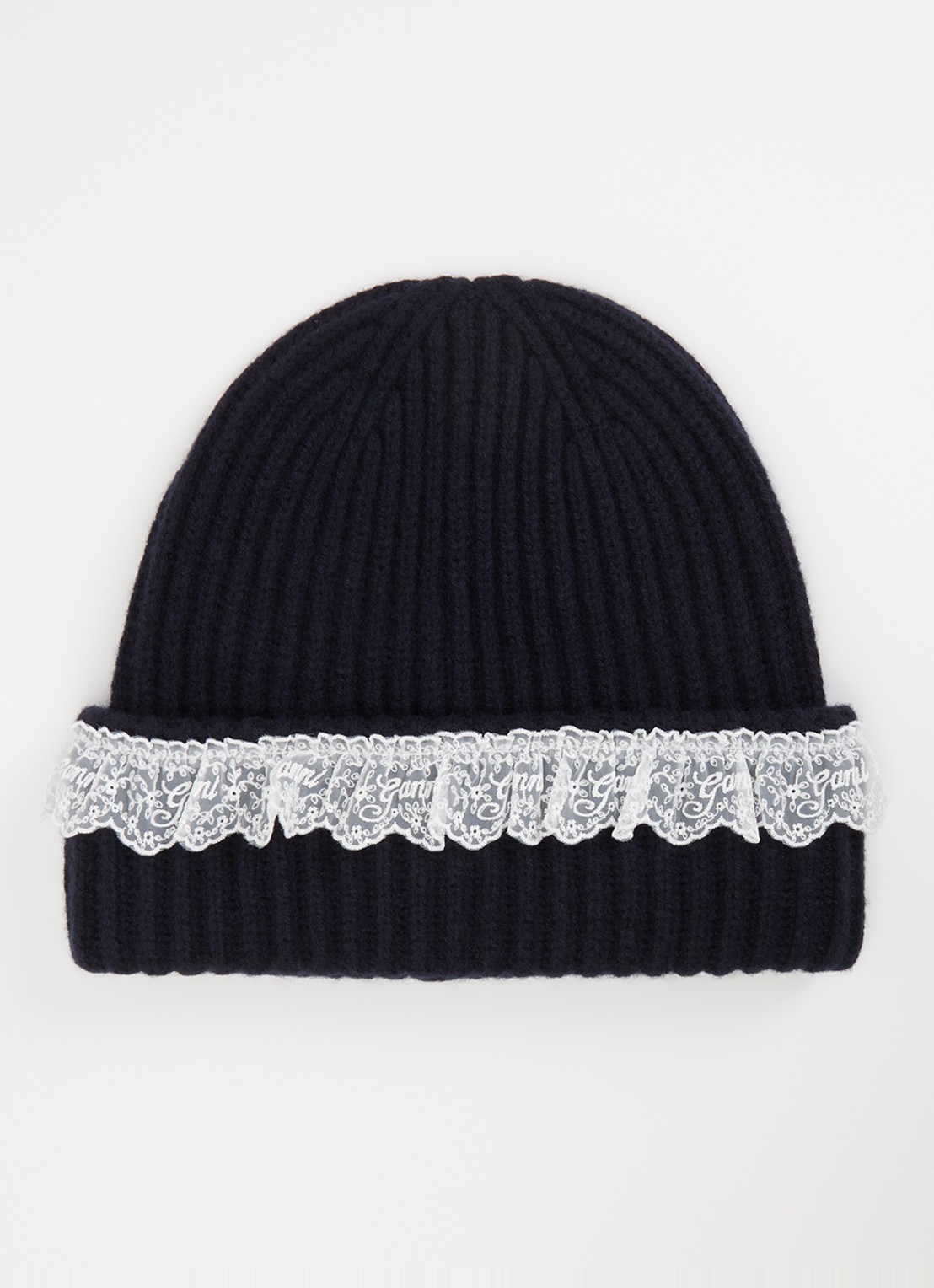 Ganni Ribgebreide muts van wol met details van kant - voorkant donkerblauw
