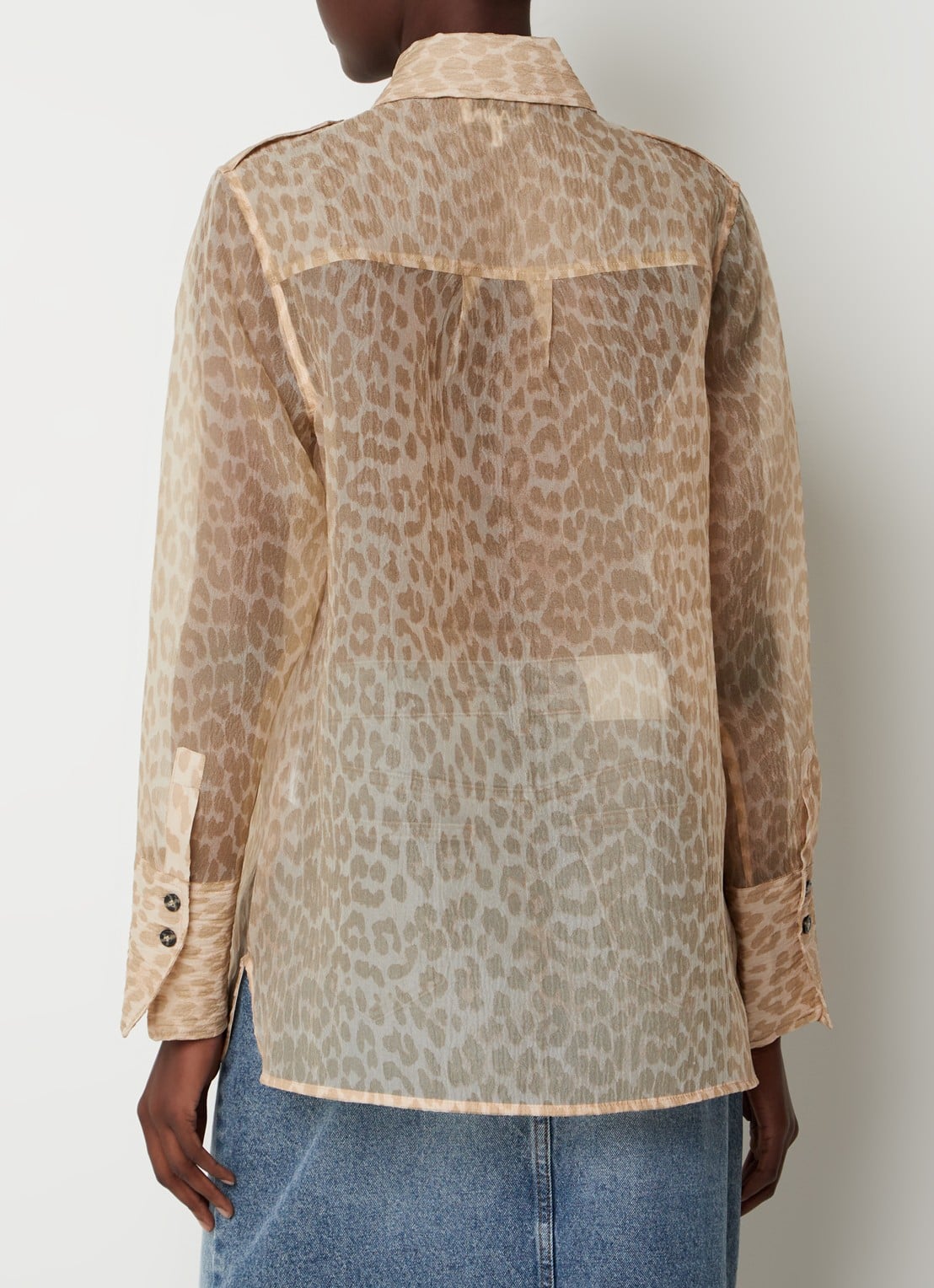 Ganni Semi-transparant blouse met panterprint - achterkant donkerbeige