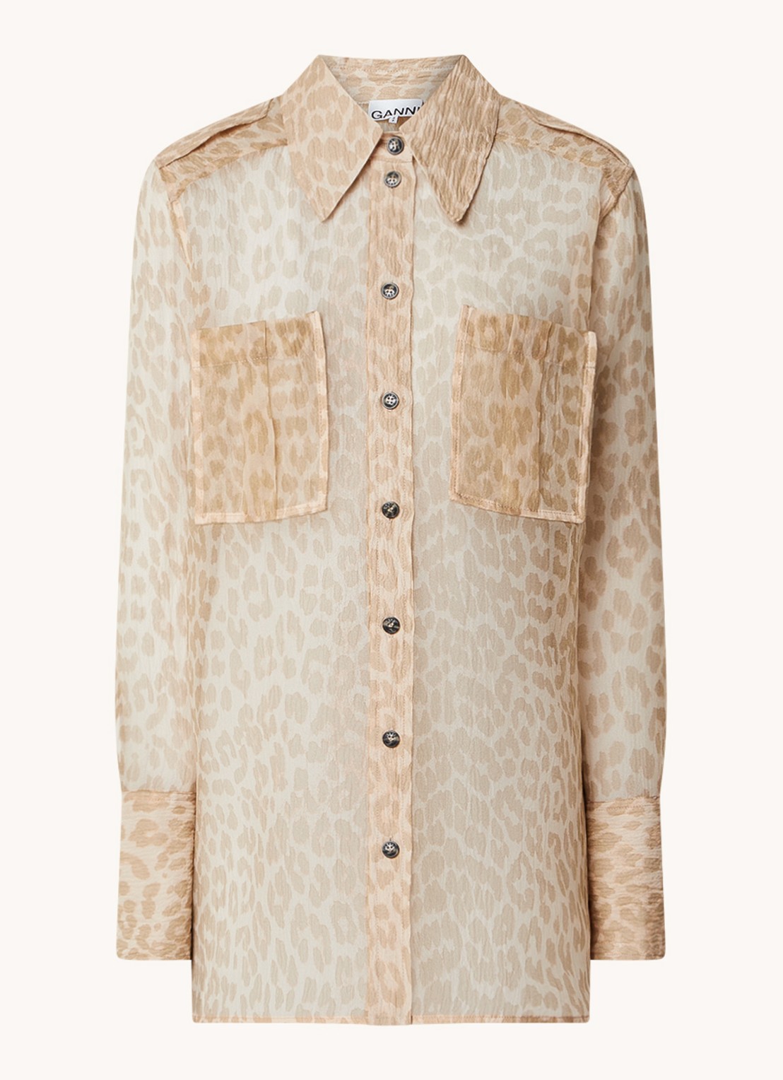 Ganni Semi-transparant blouse met panterprint - voorkant 2 donkerbeige