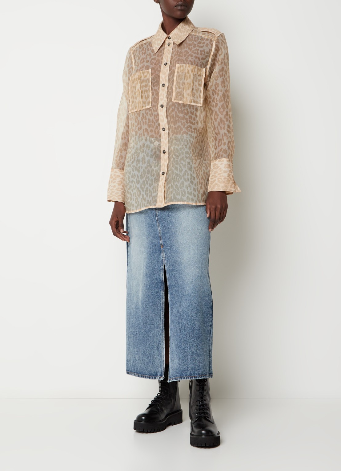 Ganni Semi-transparant blouse met panterprint - voorkant 3 donkerbeige