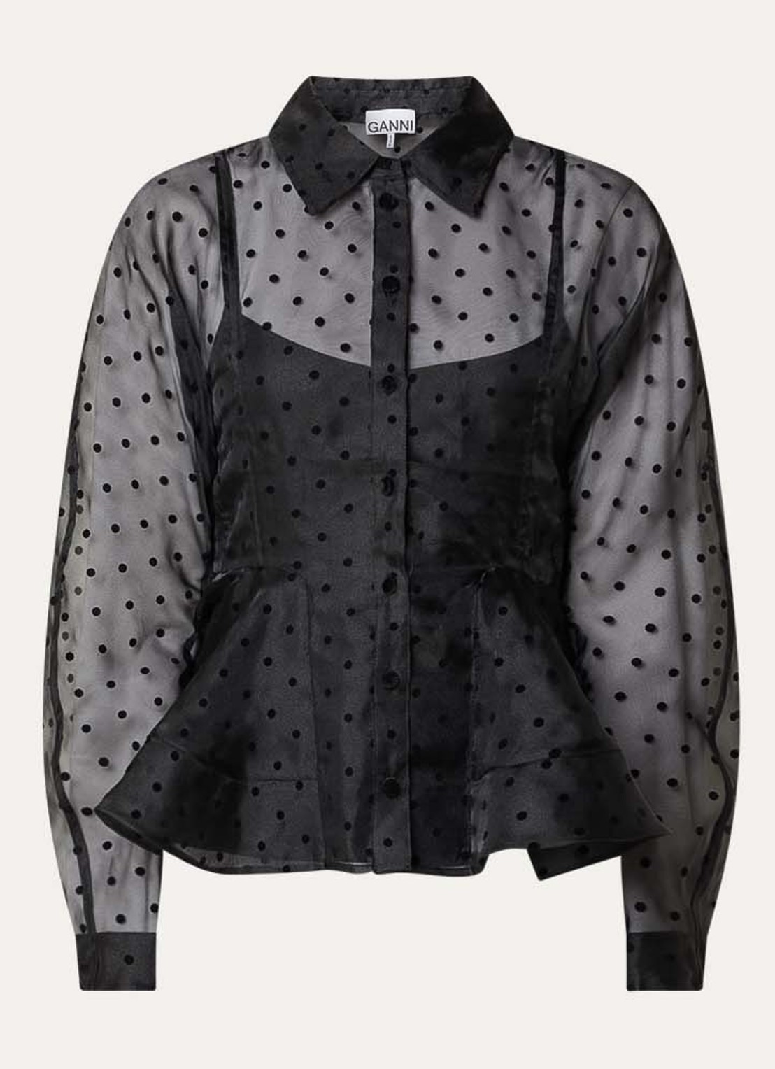 Ganni Semi-transparante blouse met stippenprint en peplum - voorkant zwart