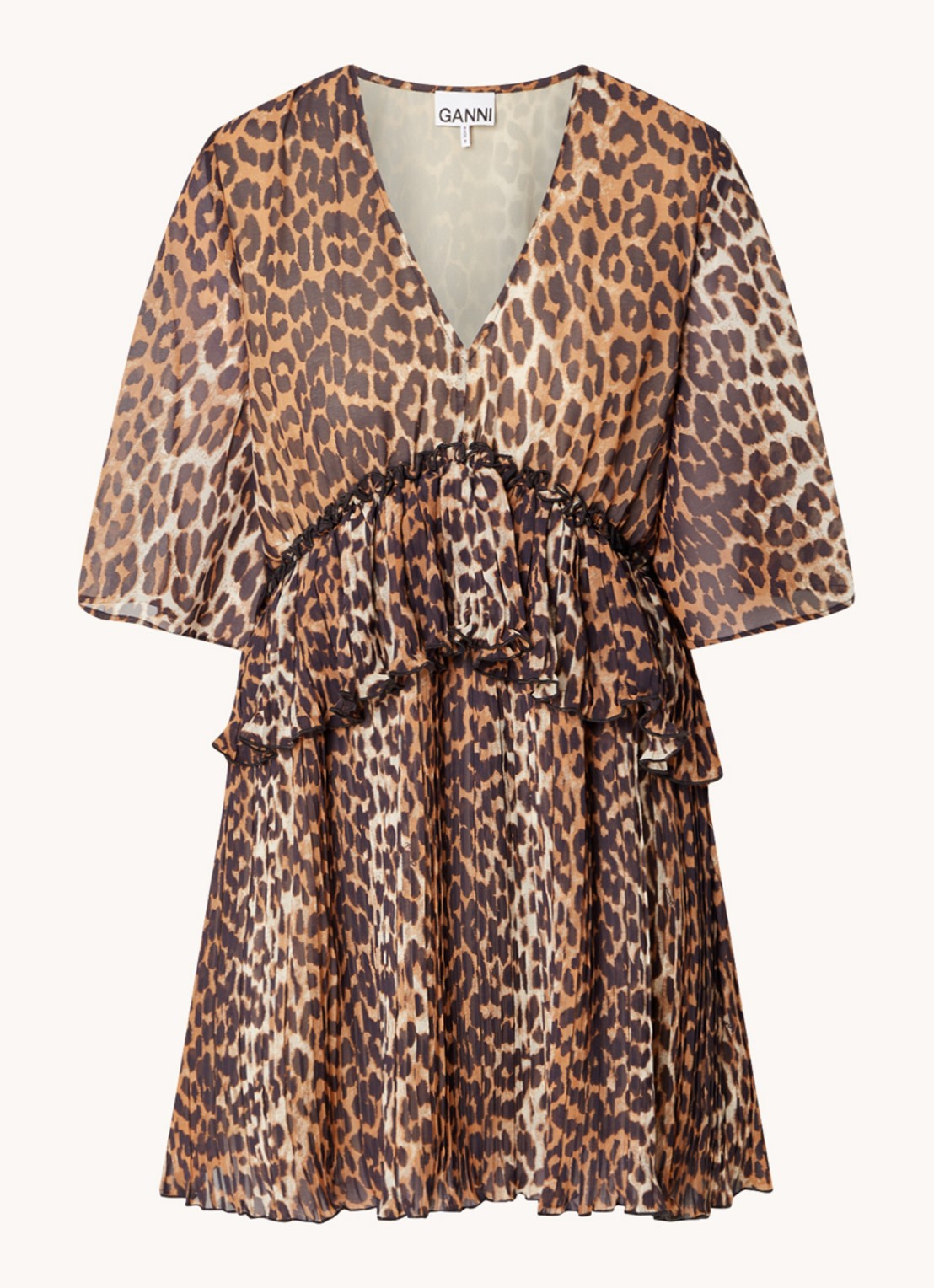 Ganni Semi-transparante mini tuniekjurk met volant en panterprint - voorkant 2 camel