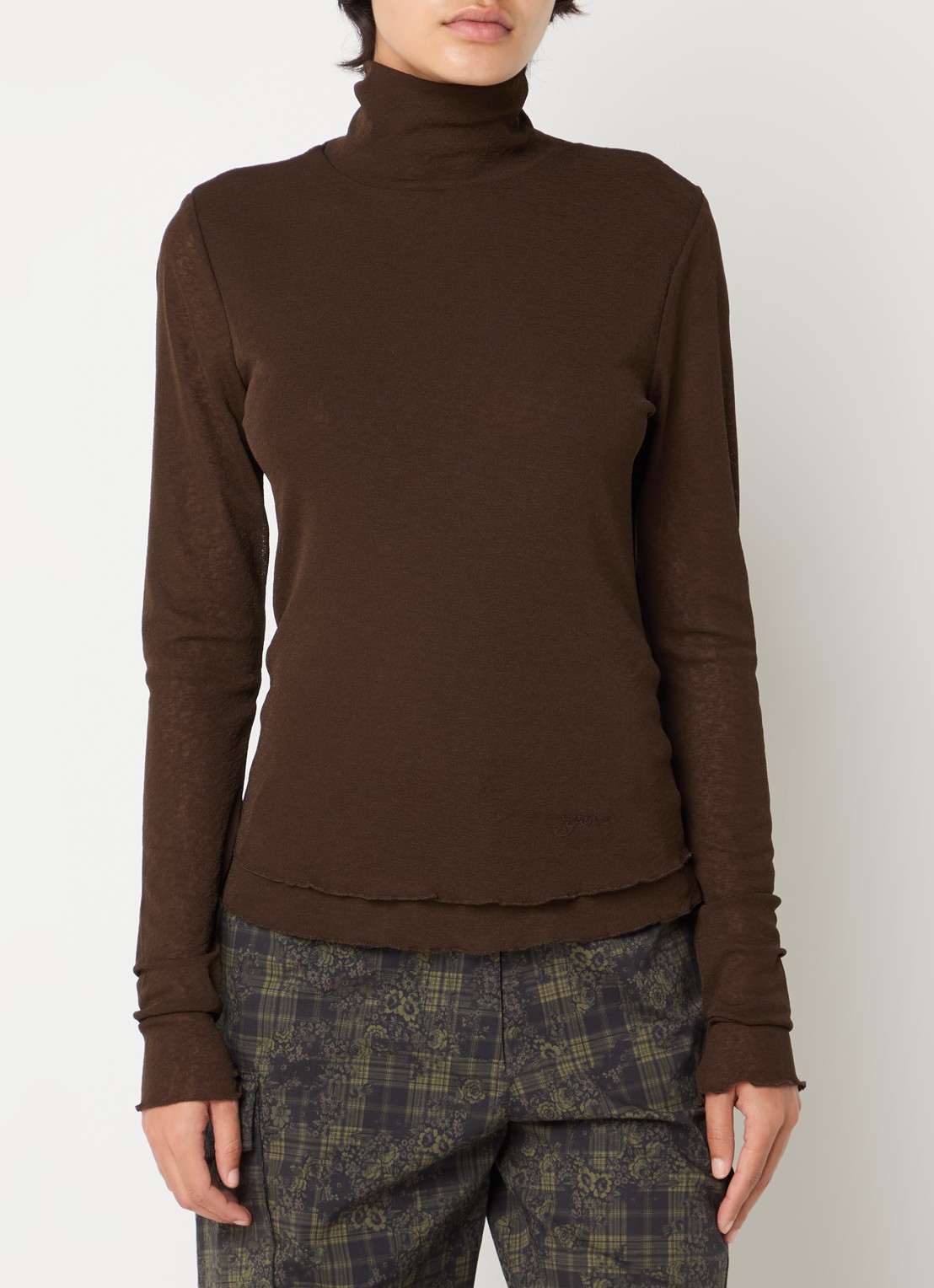 Ganni Semi-transparante top van mesh met geschulpte zoom - detail bruin