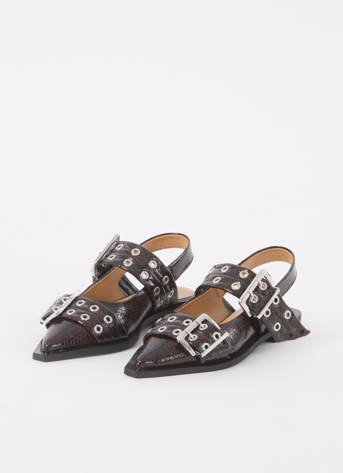 Ganni Slingback van leer met slangenprint - detail 2 bordeauxrood