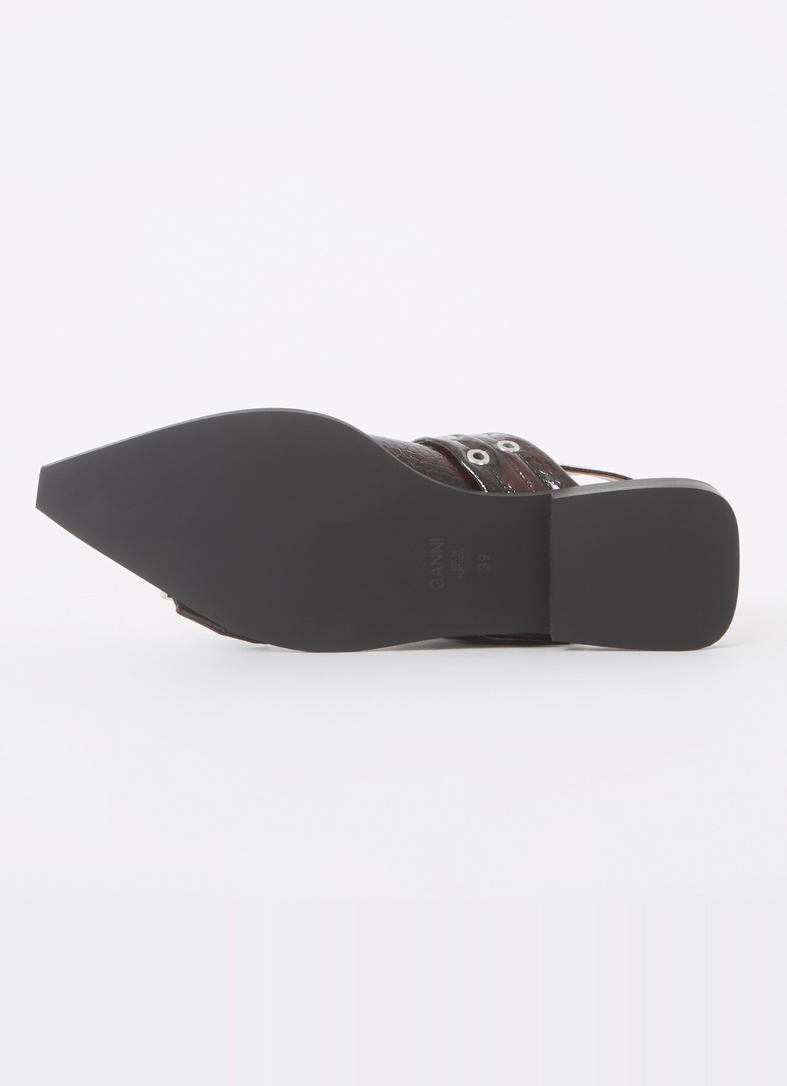 Ganni Slingback van leer met slangenprint - detail 4 bordeauxrood