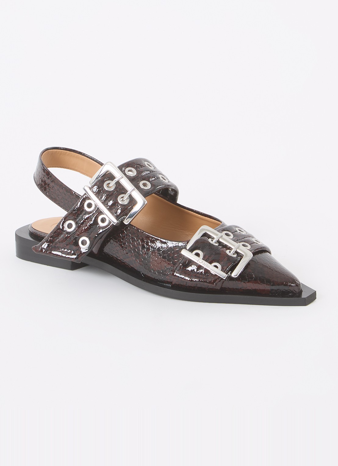 Ganni Slingback van leer met slangenprint - voorkant 6 bordeauxrood