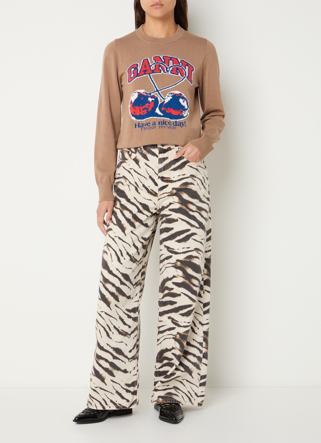 Ganni Sweater met ingebreide logoprint - voorkant 4 camel