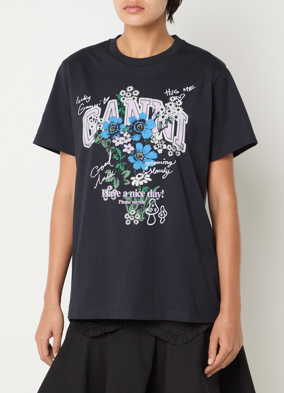 Ganni T-shirt met logoprint en borduring - detail antraciet