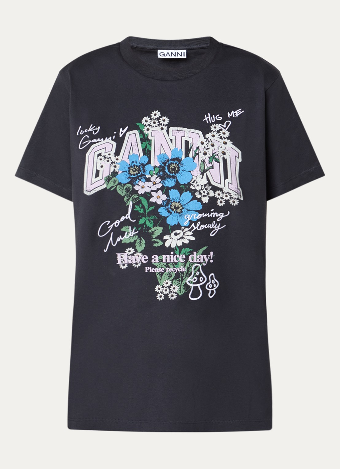 Ganni T-shirt met logoprint en borduring - voorkant 2 antraciet
