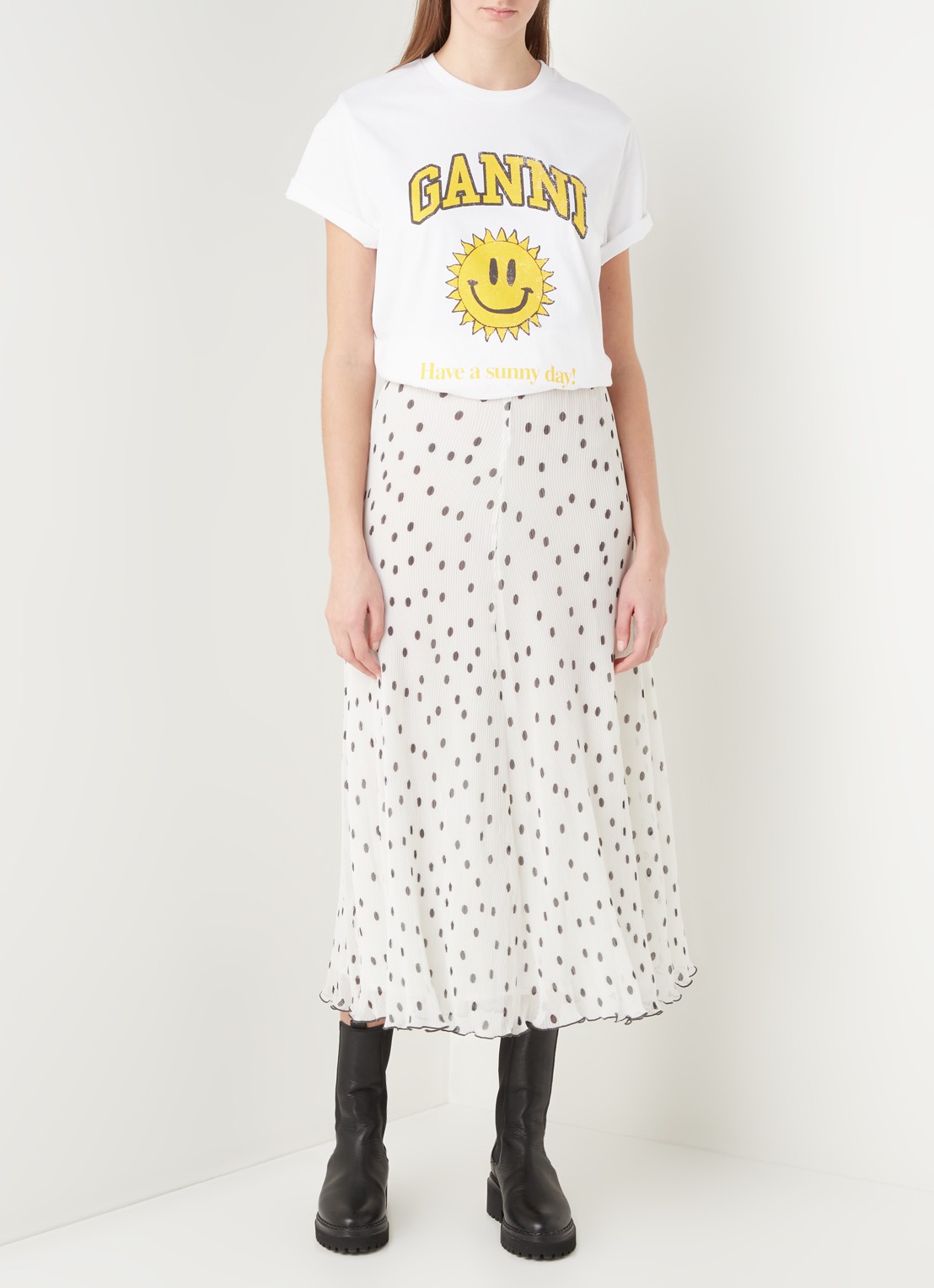 Ganni T-shirt van biologisch katoen met logoprint  - voorkant wit