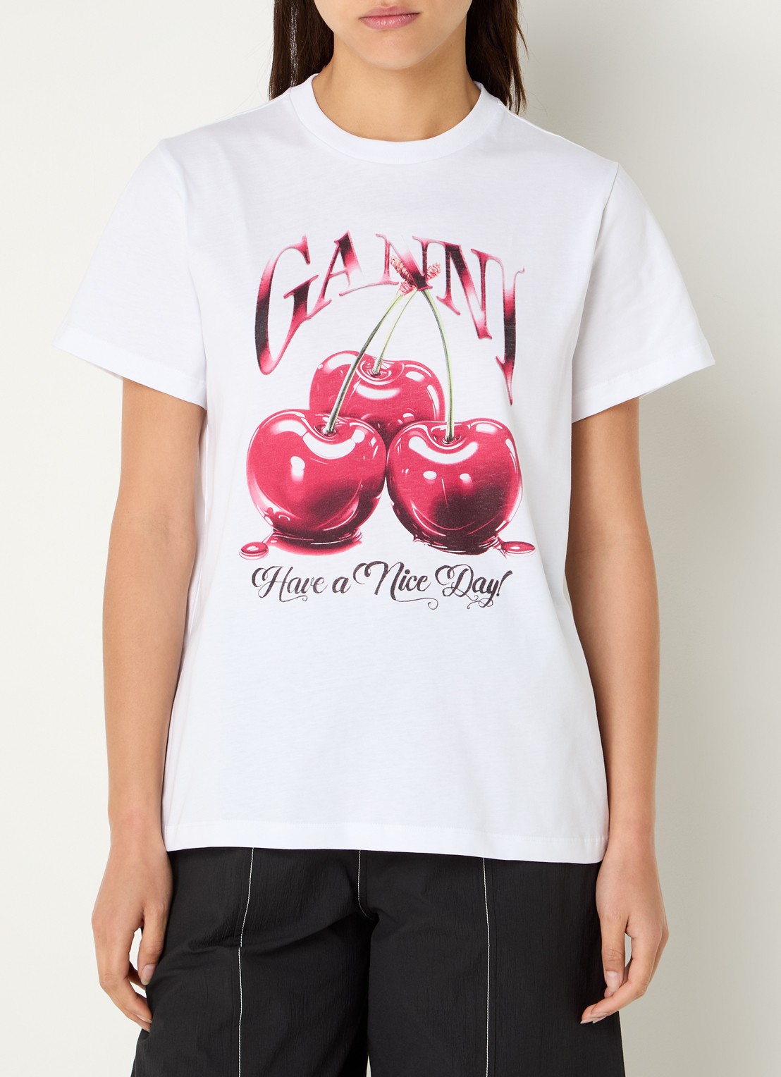 Ganni T-shirt van  katoen met logoprint - detail wit