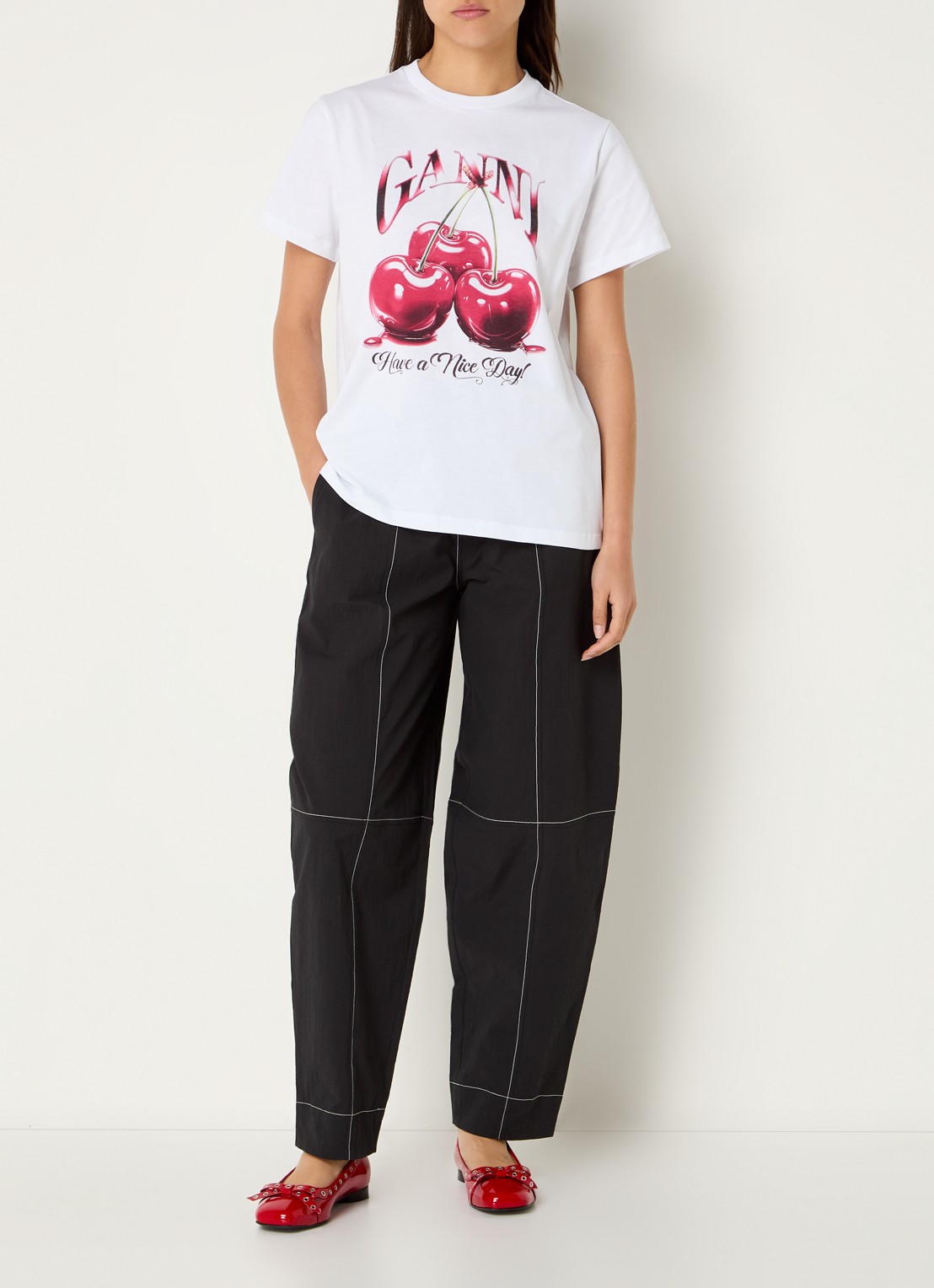 Ganni T-shirt van  katoen met logoprint - voorkant 3 wit