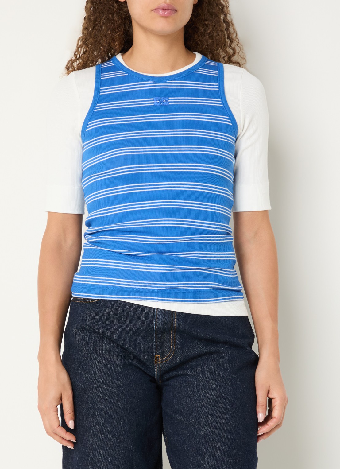 Ganni Tanktop met streepprint - detail kobaltblauw