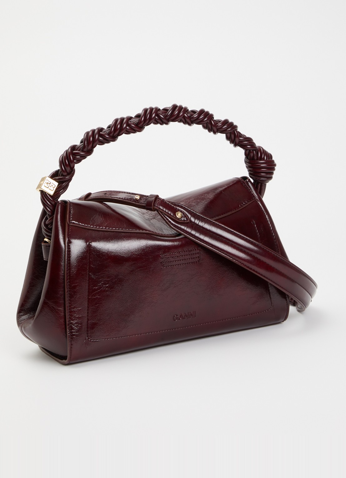 Ganni Very Bou schoudertas met glanzende finish en afneembare schouderriem - achterkant aubergine