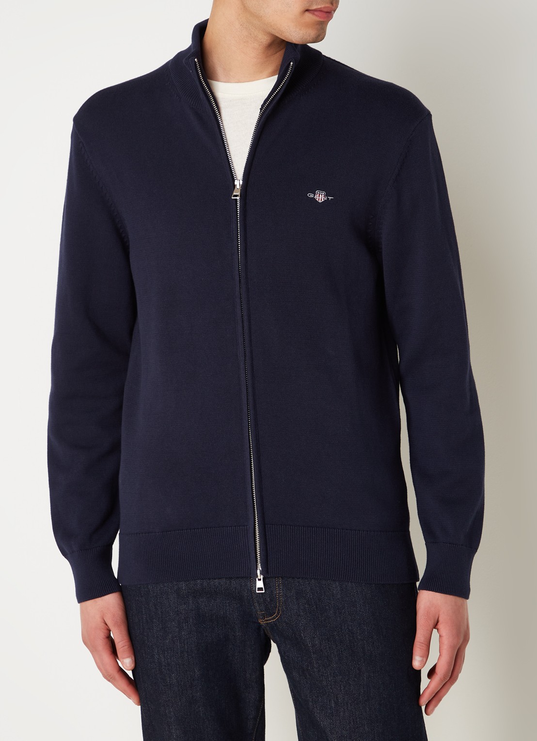 Gant Fijngebreid vest met logoborduring - detail 3 donkerblauw