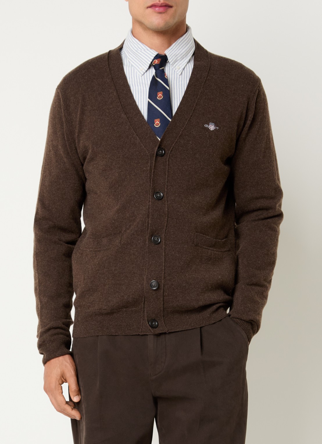 Gant Fijngebreid vest van lamswol met logoborduring - detail 4 donkerbruin