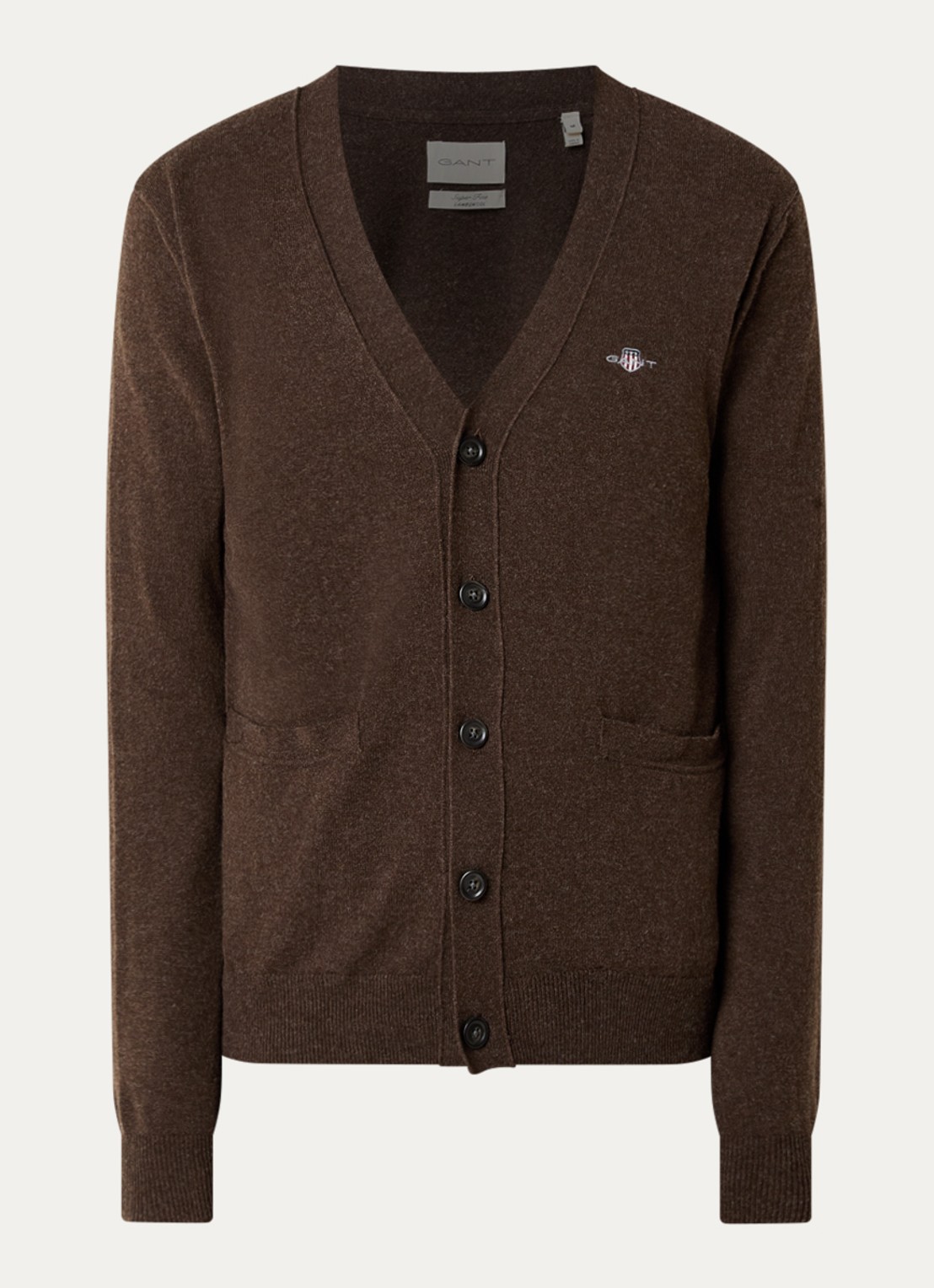 Gant Fijngebreid vest van lamswol met logoborduring - voorkant donkerbruin