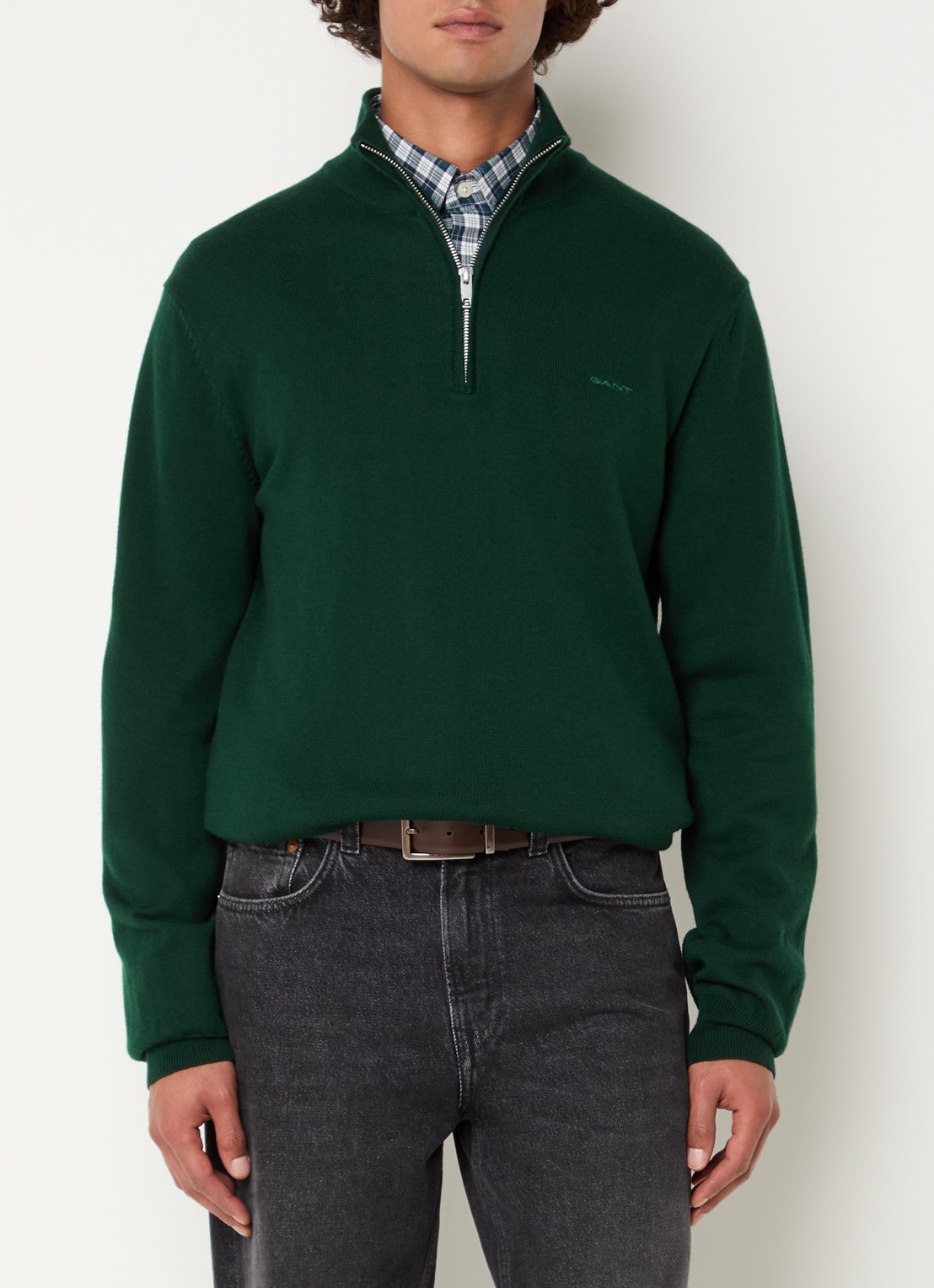 Gant Fijngebreide pullover in wolblend met halve rits - detail donkergroen