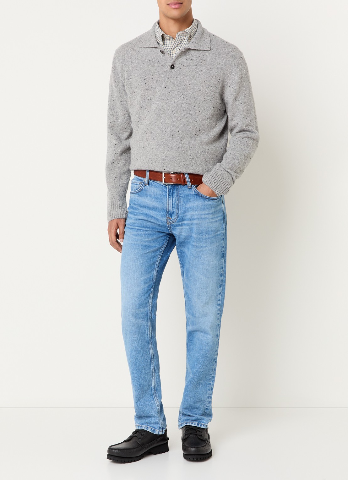 Gant Fijngebreide pullover in wolblend met polokraag - voorkant 4 grijsmele