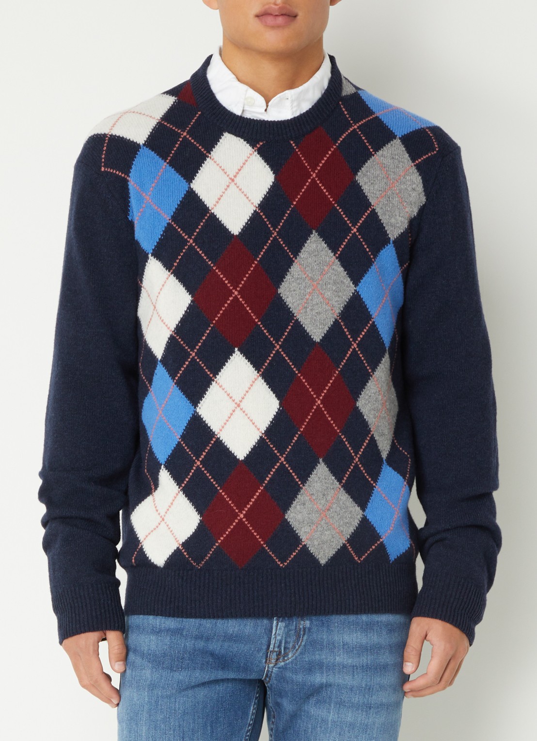Gant Fijngebreide pullover in wolblend met ruitdessin - detail 4 donkerblauw