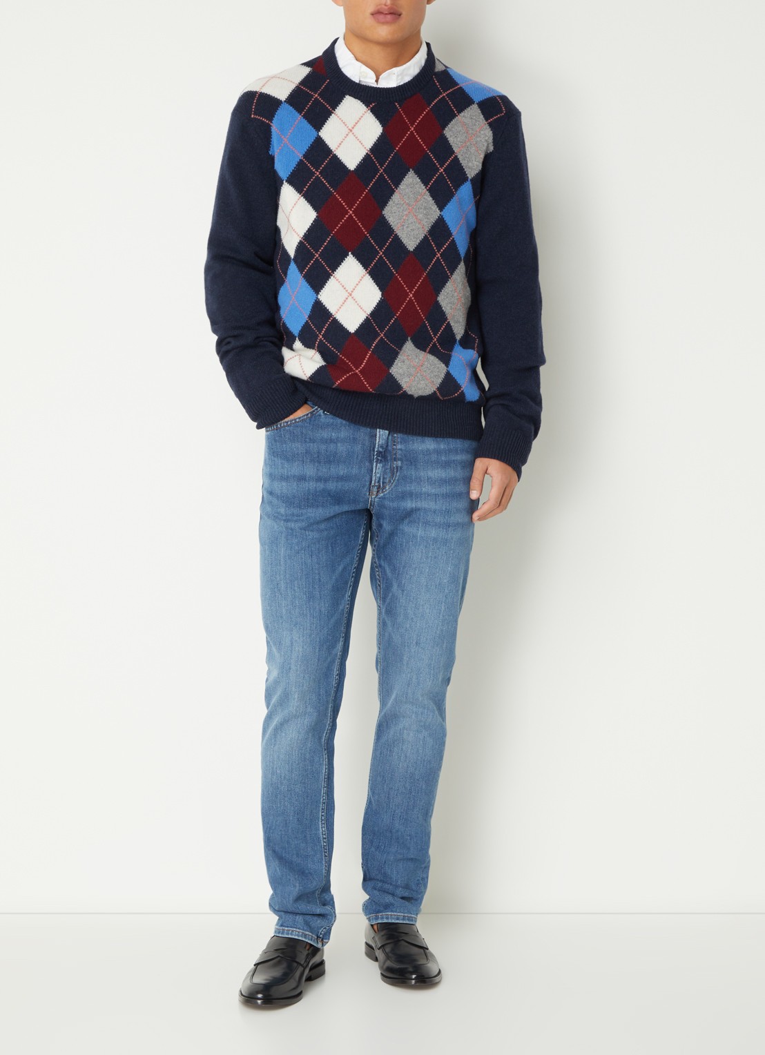 Gant Fijngebreide pullover in wolblend met ruitdessin - voorkant 2 donkerblauw
